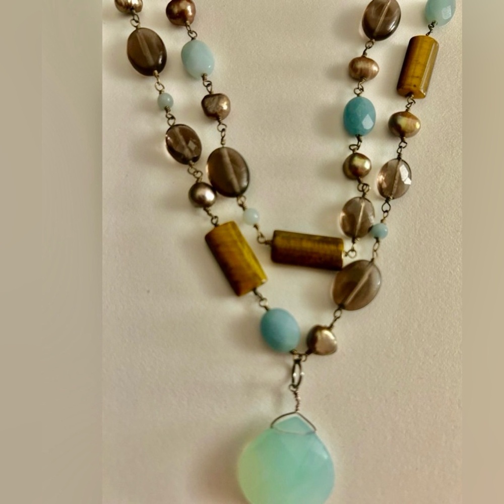 Necklace Chalcedony, Tigers Eye, Freshwater Pearls, Amazonite stone beads 16-18”
